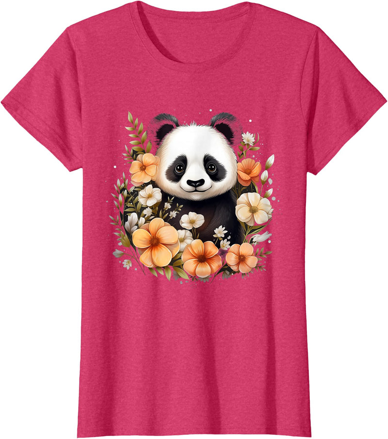 Floral Panda Bear Panda Bear Flowers Floral Girls Kids Funny Cute Panda Lover T-Shirt - Red Heather