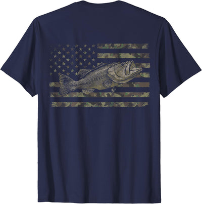 Fishing American Flag Camo Bass Fish (Design on Back) T-Shirt
