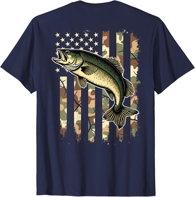 USA Flag Camo Bass Fish Fishing (on Back) Camouflage USA American Flag Fisherman T-Shirt
