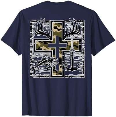 Camo Cross Fishing Faith Christian 2 Sided Hunting Fishing Cross Camo Faith Christian Fisherman Hunter T-Shirt - size chart