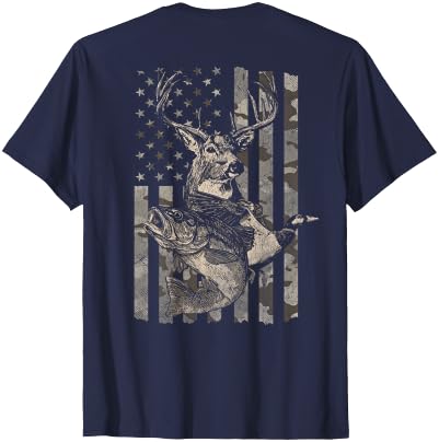 Fishing and Hunting Outdoors Designs Hunting and Fishing American Flag (Design on Front and Back) T-Shirt - size chart