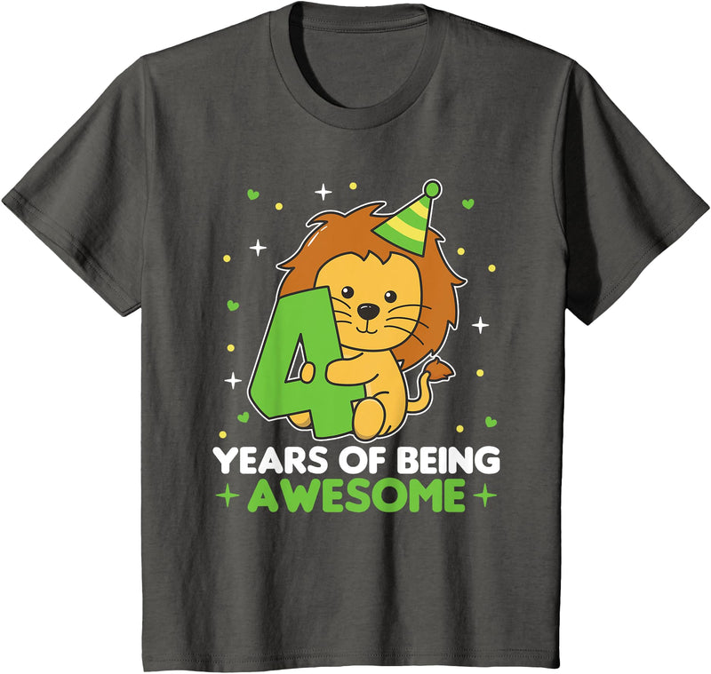 Lion Birthday Gift Cute Animals Lion 4th Birthday For Kids Four Years Old T-Shirt - Asphalt Grey