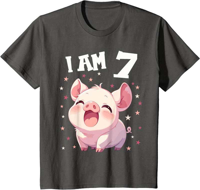 7 years old 7th birthday Pig Kids 7 Years old 7 birthday Pigs Boy Girl Pig T-Shirt - Asphalt Grey