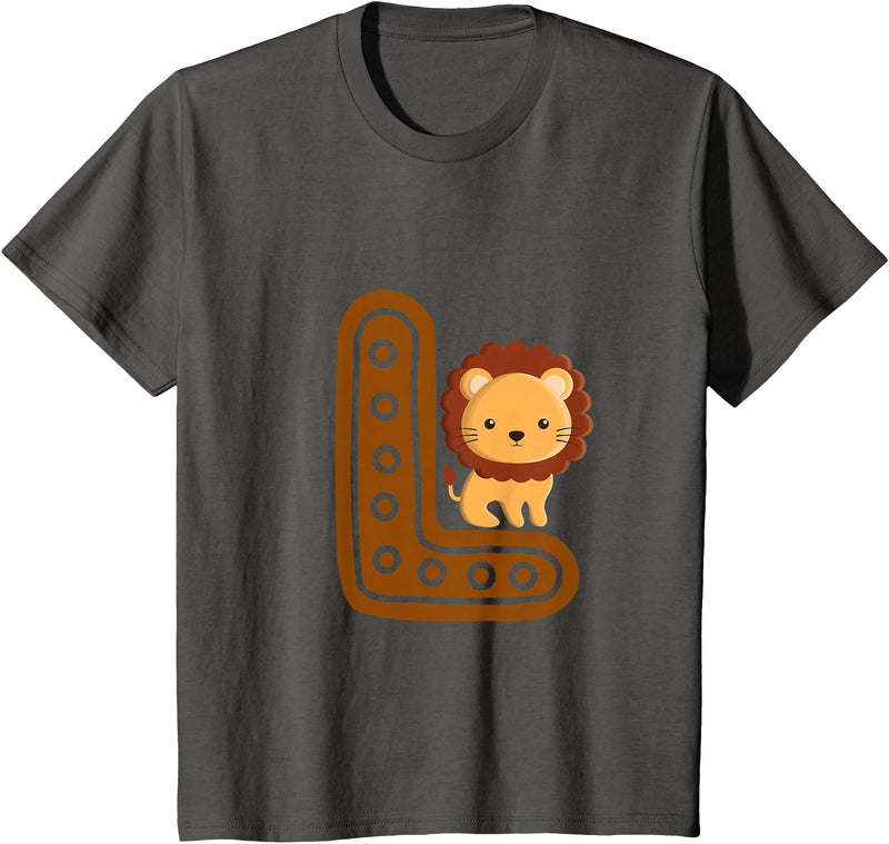 Kids Alphabet Letters Letter L Cure Lion Alphabet Cute Animal Boys Girls T-Shirt - Asphalt Grey