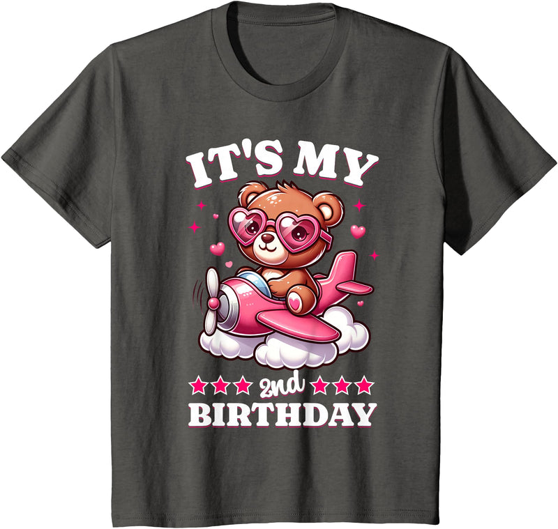 2 Year Old Girl Plane Birthday Party Kids Designs Kids 2nd Birthday Girls Airplane Birthday Party Teddy Bear Plane T-Shirt - Asphalt Grey