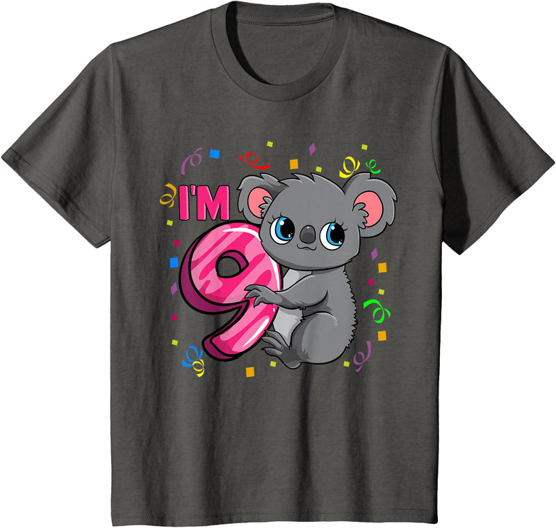 Birthday Gifts For Girls By Raleigh 9th Birthday Shirt For Girls Koala Bear 9 Years Old T-Shirt - Asphalt Grey