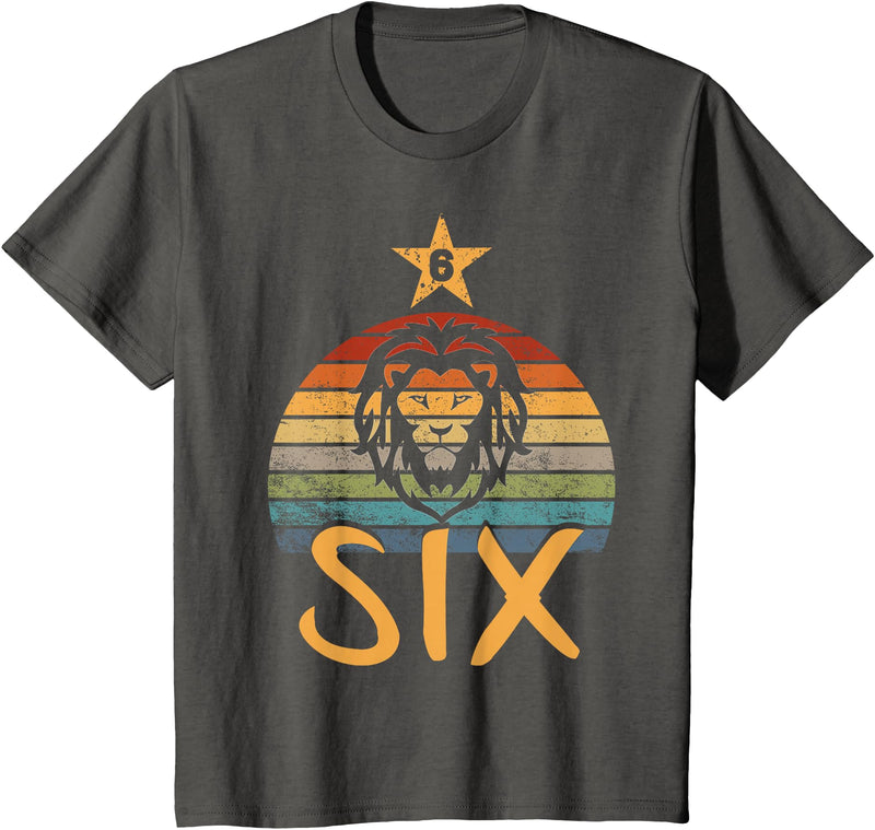 6 Birthday Lion Vintage Design Lion Birthday 6 Year Old Lion 6th Birthday Boy Girl T-Shirt - Asphalt Grey