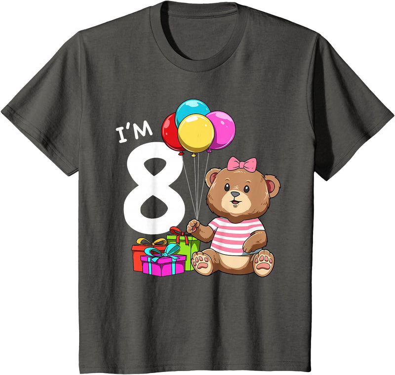 8th Birthday Teddy Bear - 8 Years Old Gift Tee Kids Eight Birthday Teddy Bear - 8 Year Old Girl T-Shirt - Asphalt Grey