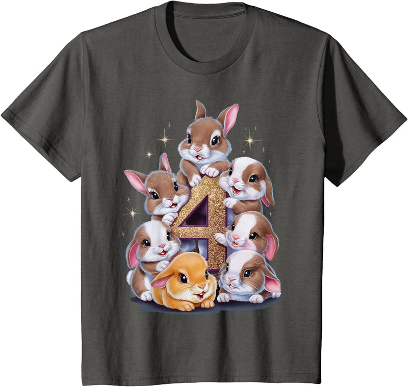 4th Birthday Bunny Rabbit Girl Birthday Age 4 T-Shirt in Asphalt Grey