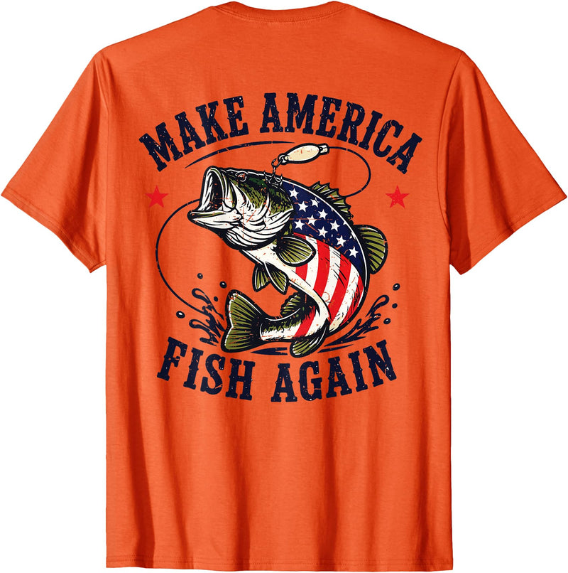 Make America Fish Again Largemouth Bass Patriotic Men Make America Fish Again 4th July Fish Patriotic USA Flag T-Shirt - Orange