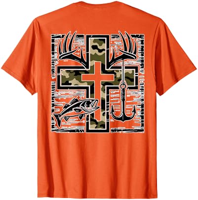 Camo Cross Fishing Faith Christian 2 Sided Hunting Fishing Cross Camo Faith Christian Fisherman Hunter T-Shirt - size chart