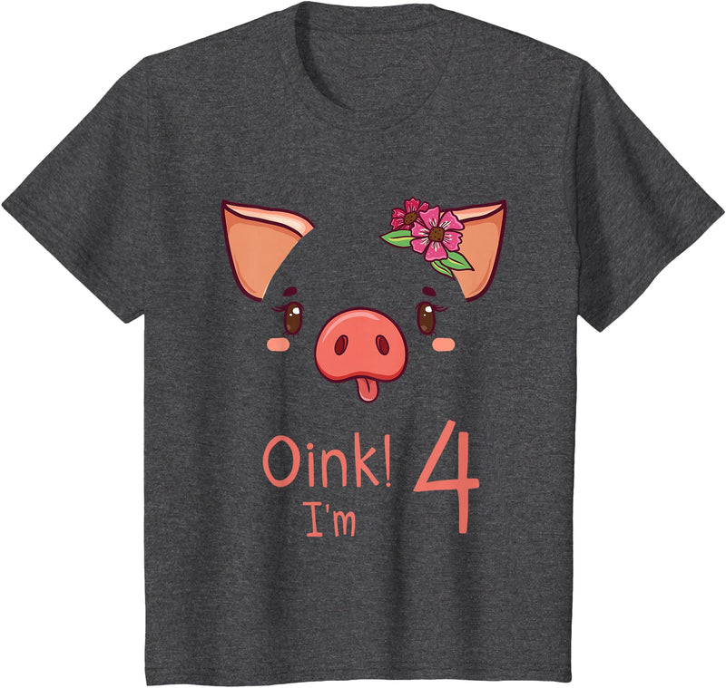 Girls Cute Pig Birthday Designs Co. 4th Birthday Pig Outfit Pig Face Gift 4 year old Girl Boy T-Shirt - Dark Heather Grey