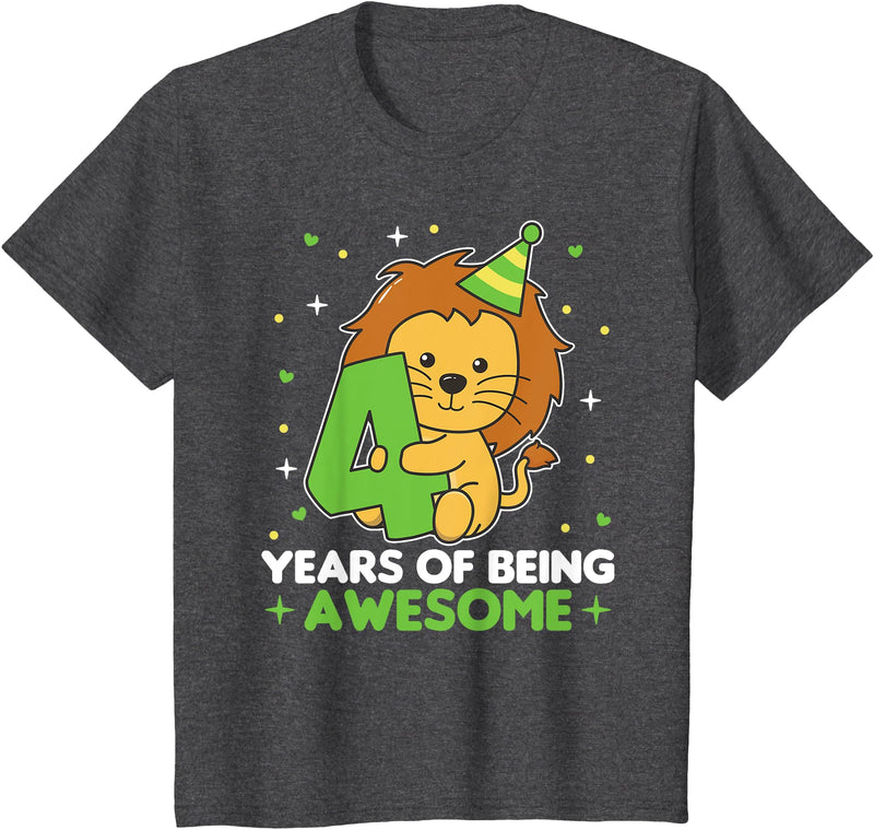 Lion Birthday Gift Cute Animals Lion 4th Birthday For Kids Four Years Old T-Shirt - Dark Heather Grey
