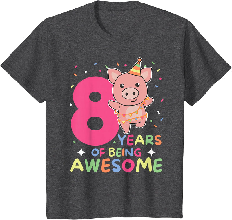 Pig Birthday Gift Cute Animals 8th Birthday Pig For Kids Eight Years Old T-Shirt - Dark Heather Grey