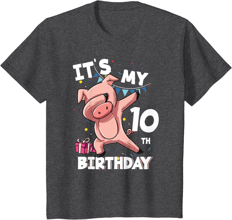 Pig Birthday Outfit for Boys Girls Party Supplies Its My 10th Birthday 10 Year Old Pig Birthday T-Shirt - Dark Heather Grey