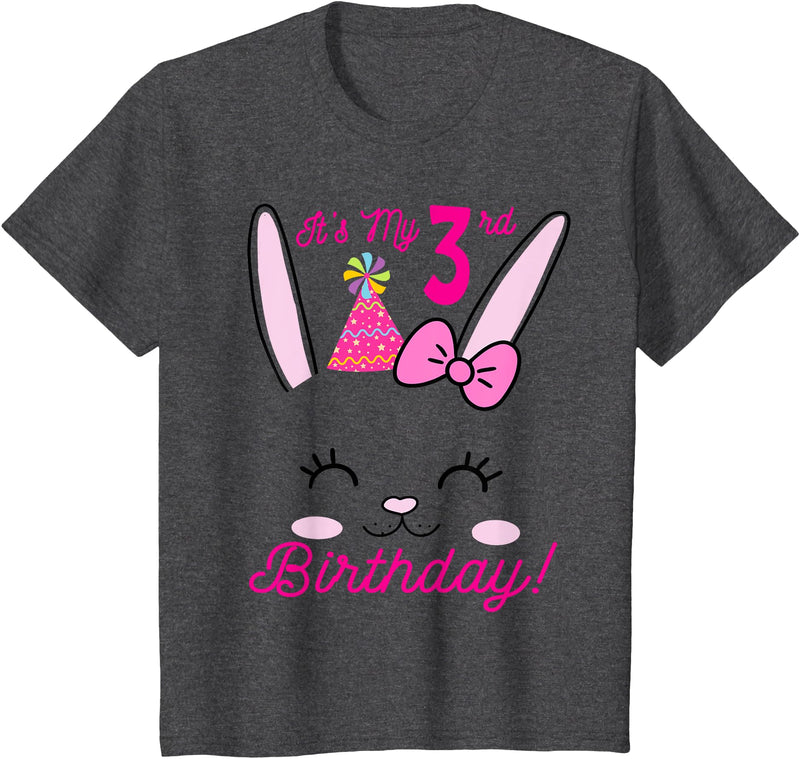 Its My 3rd Birthday Girl Bunny Rabbit Theme Party (three) T-Shirt in Dark Heather Grey