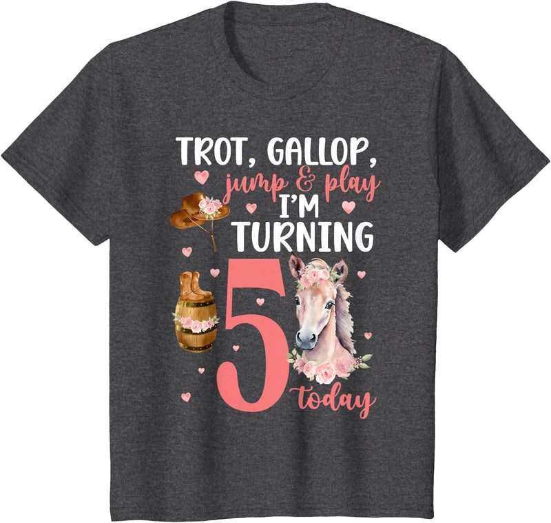 Five Year Old Horse Girl Fifth Birthday Horses 5th Horse Birthday Party 5 Year Old Horse Birthday T-Shirt - Dark Heather Grey