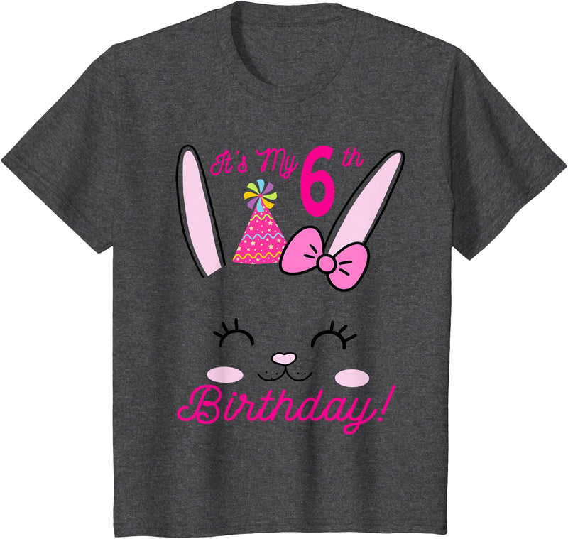 Its My 6th Birthday Girl Bunny Rabbit Theme Party (six) T-Shirt in Dark Heather Grey