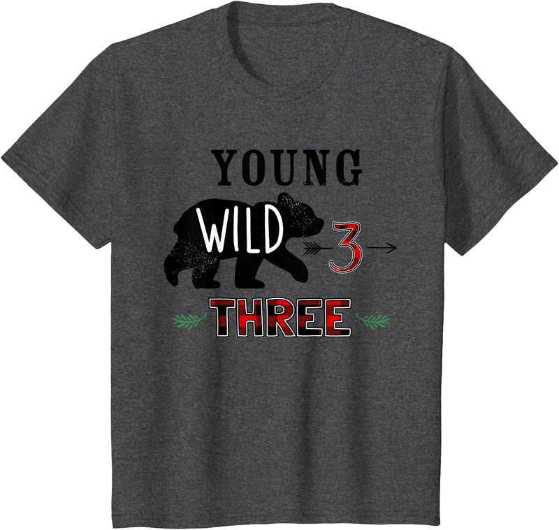 UrbanWear Bear Buffalo plaid Young Wild & Three 3 years 3rd Birthday T-Shirt - Dark Heather Grey