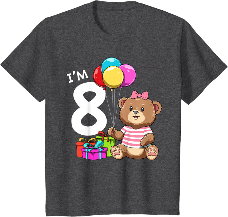 8th Birthday Teddy Bear - 8 Years Old Gift Tee Kids Eight Birthday Teddy Bear - 8 Year Old Girl T-Shirt - Dark Heather Grey