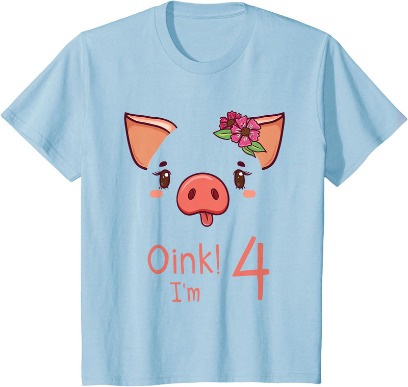 Girls Cute Pig Birthday Designs Co. 4th Birthday Pig Outfit Pig Face Gift 4 year old Girl Boy T-Shirt - Baby Blue