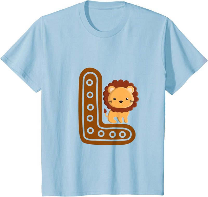 Kids Alphabet Letters Letter L Cure Lion Alphabet Cute Animal Boys Girls T-Shirt - Baby Blue
