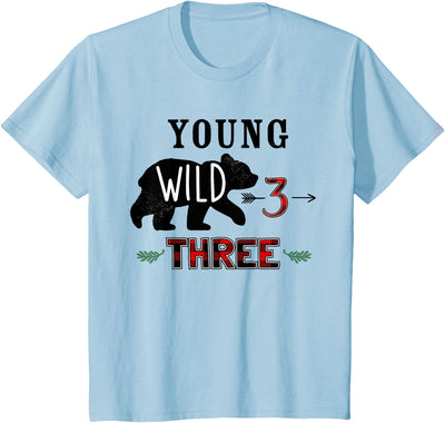 Bear Buffalo plaid Young Wild & Three 3 years 3rd Birthday T-Shirt