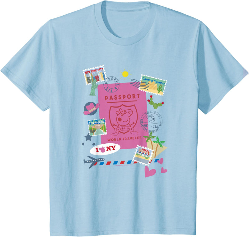 Kids Peppa Pig World Traveler Passport T-Shirt - Baby Blue