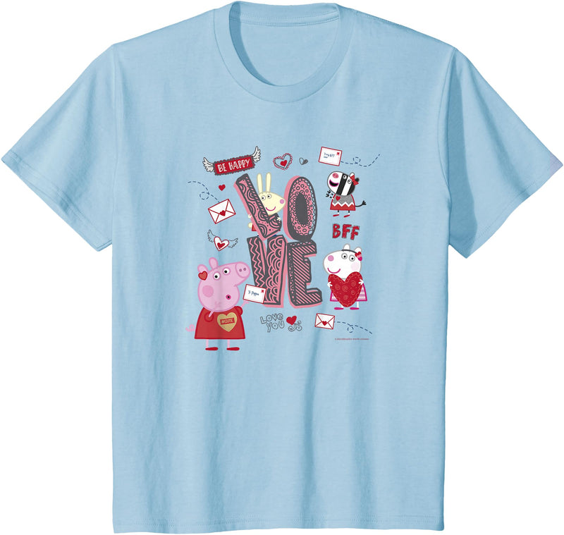 Kids Peppa Pig Valentine's Day Love Be Happy Friends Group Shot T-Shirt - Baby Blue