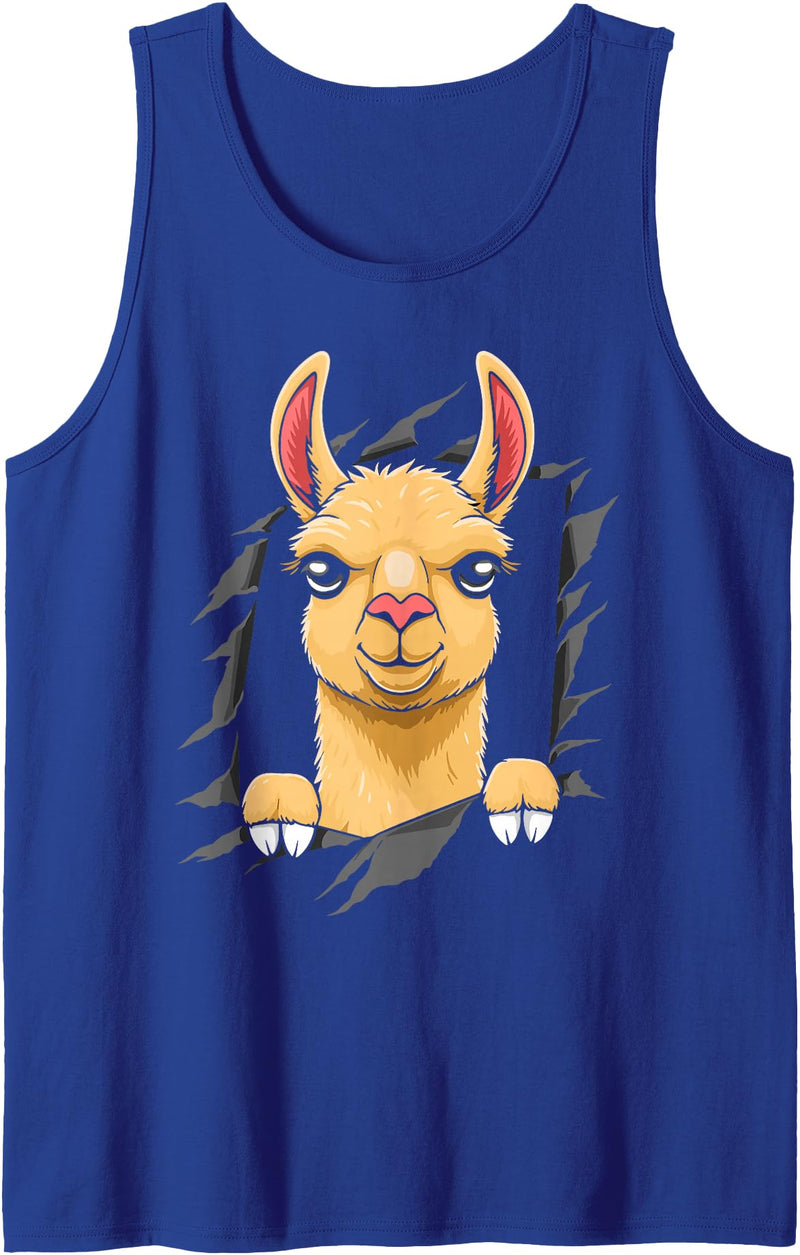 Llama looks from torn fabric Cute llama torn fabric funny llama lovers kids women men Tank Top - Royal Blue