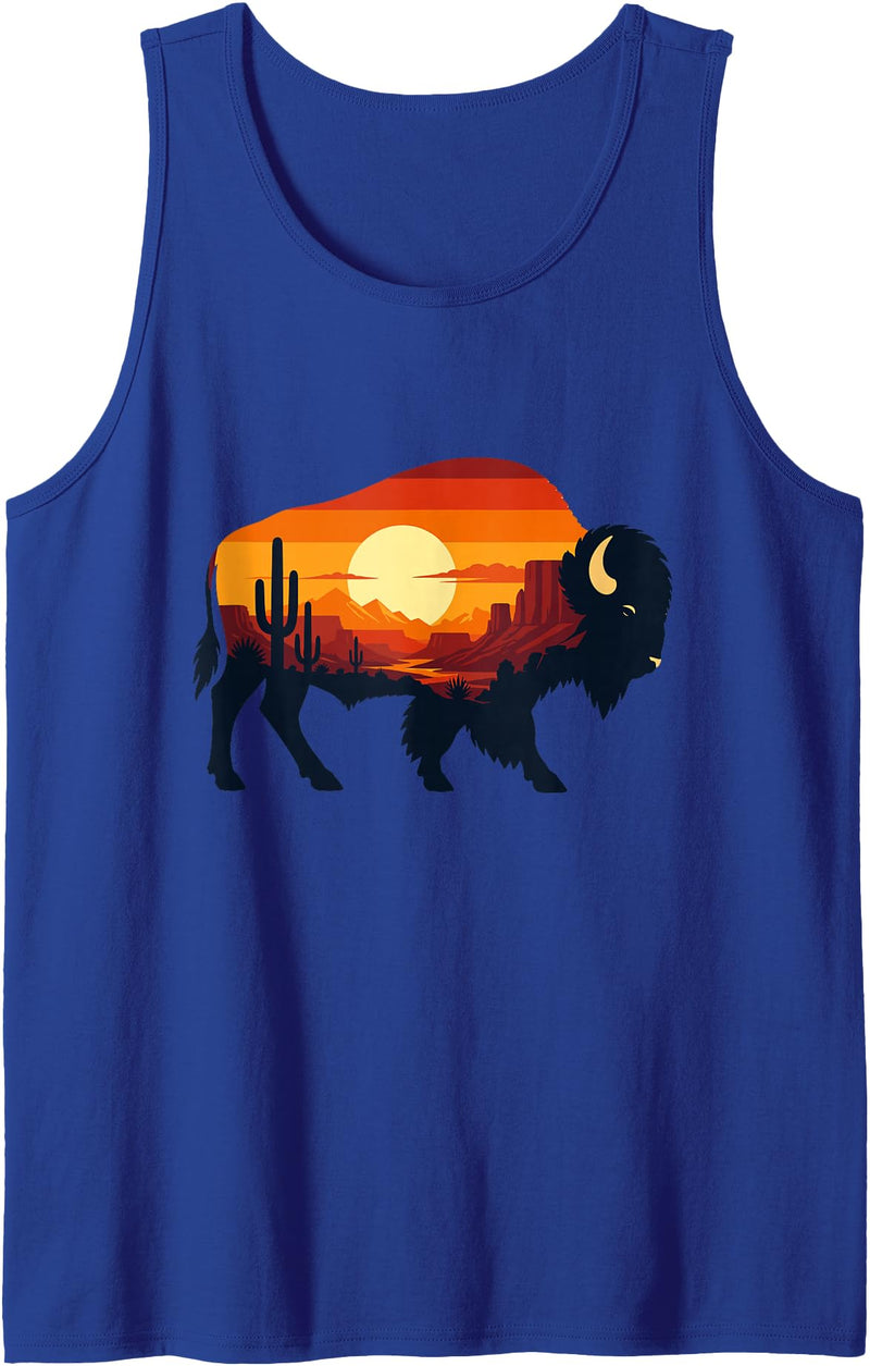 Wild Bison Sunset Desert Landscape Nature Desert Buffalo Silhouette Cactus Sunset Scene Tank Top - Royal Blue