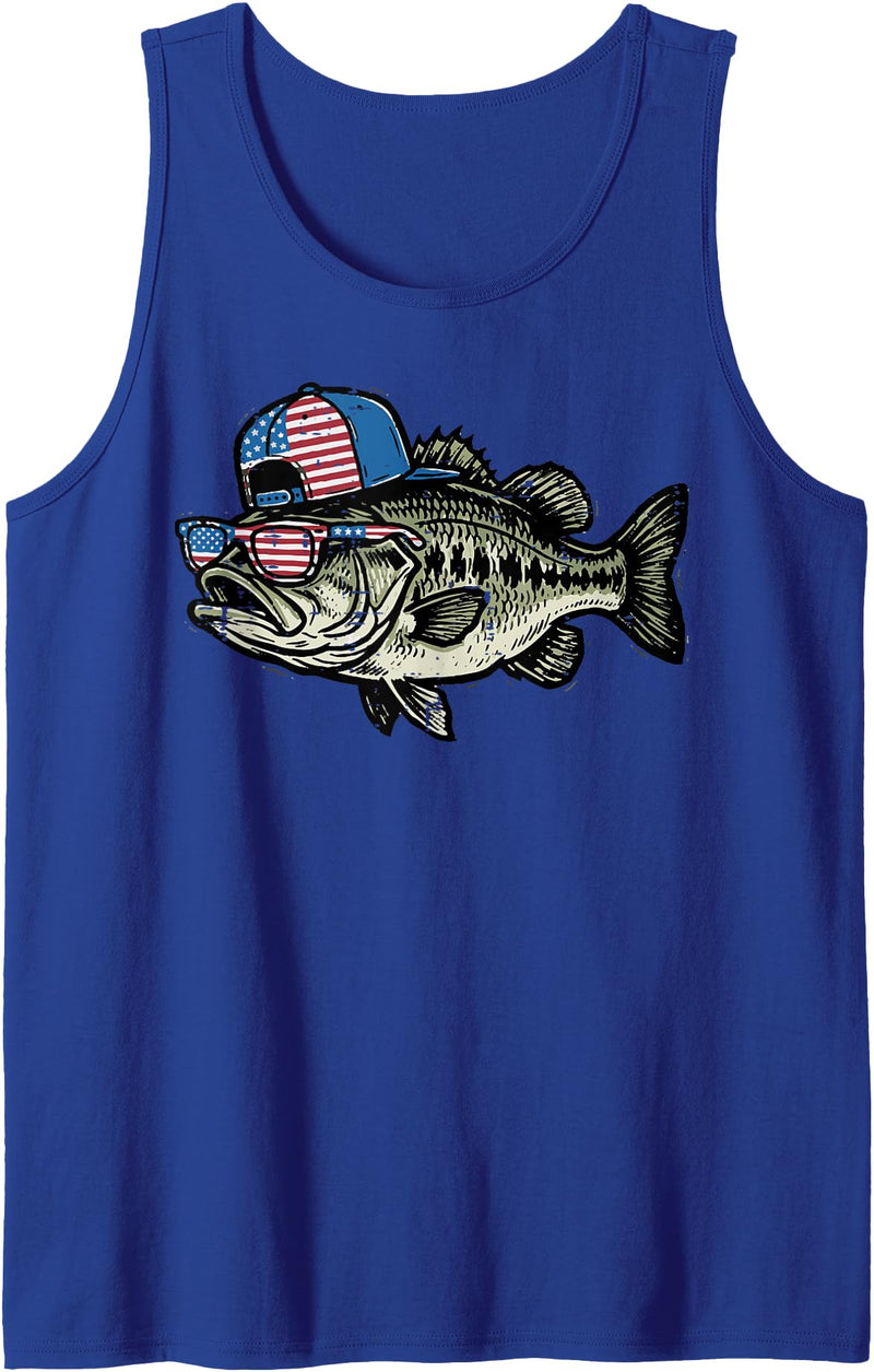 4th Of July For Women Men Kids Fourth Gift 4th of July Bass Fish US Flag Cap Patriotic Fishing Men Kids Tank Top - Royal Blue