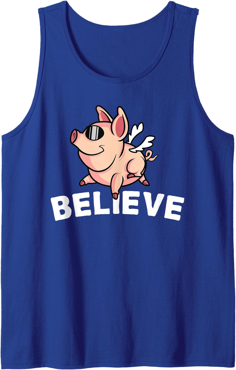 Funny Happy Piglet Farm Life Farmer Motivational Believe Flying Pig with Sunglasses Funny Animal Lover Gifts Tank Top - Royal Blue