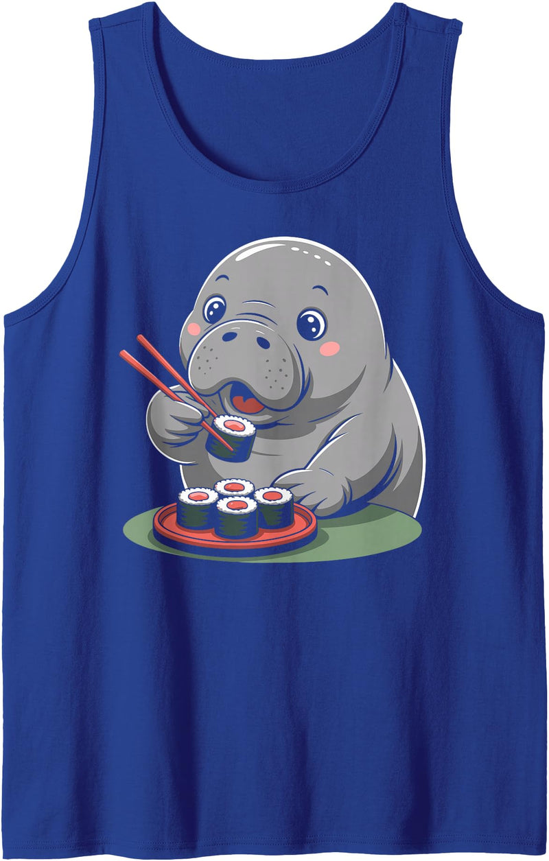 Manatee Sea Cow Lover Floaty Potato Ocean Cute Kawaii Manatee Ocean Animal Eating Sushi Tank Top - Royal Blue