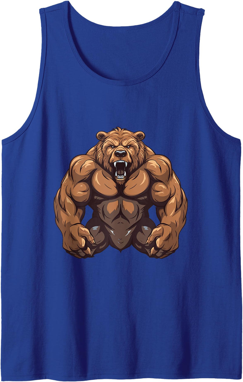 Workout Power Mood Inc Grizzly Bear WIth Muscles Workout Gym MMA Fighter Tank Top - Royal Blue