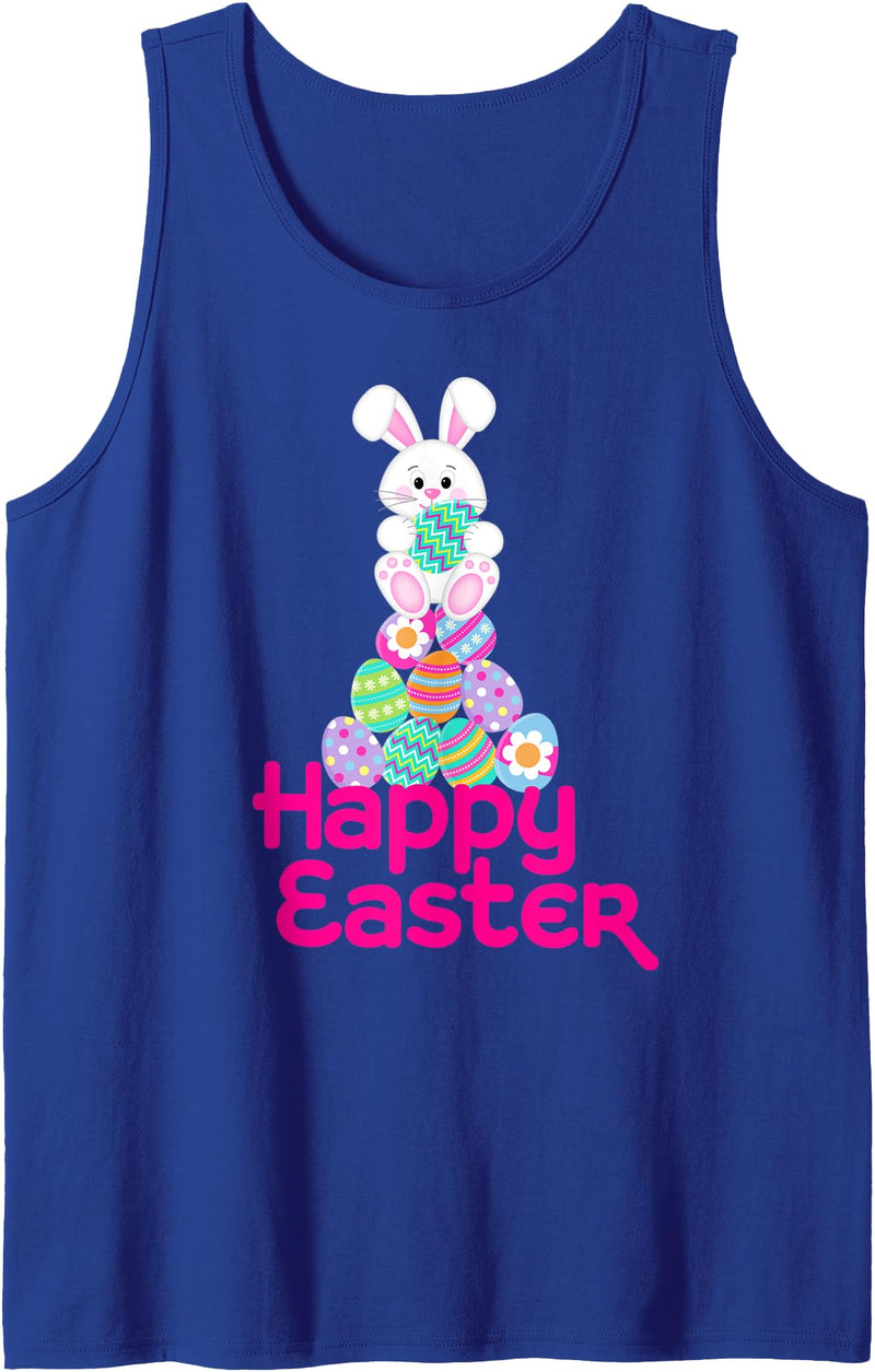 Happy Easter White Bunny on Pile of Eggs Easter Tank Top in Royal Blue