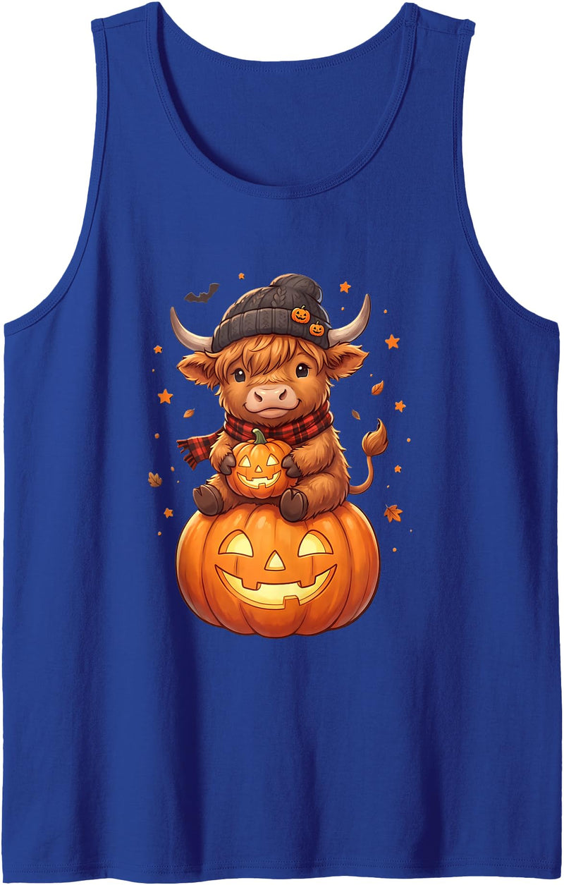 Spooky Highland Moo Crew Women Girls Tees Highland Cow Halloween Cute Pumpkin Autumn Womens Girls Tank Top - Royal Blue