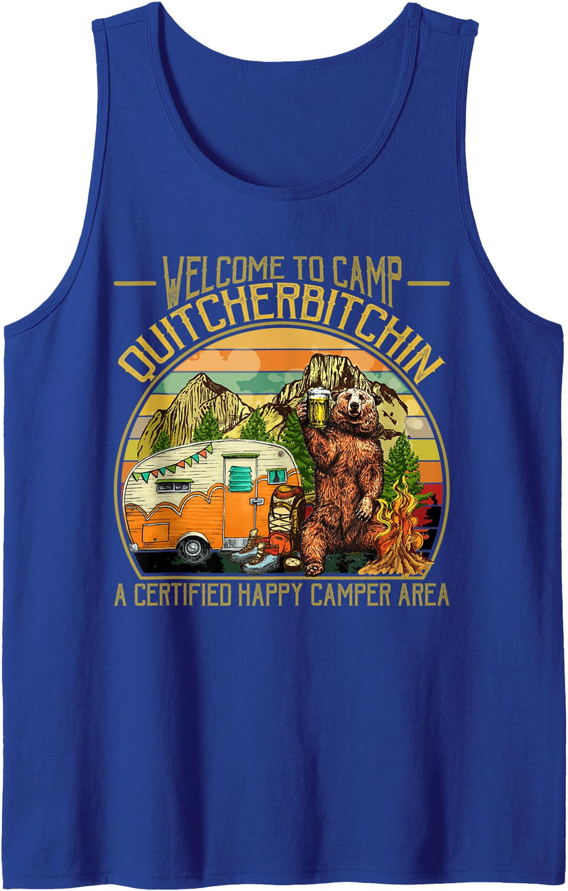 Funny Camping Bear Drinking Beer Design Welcome to Camp Quitcherbitchin Funny Camping Retro Sunset Tank Top - Royal Blue