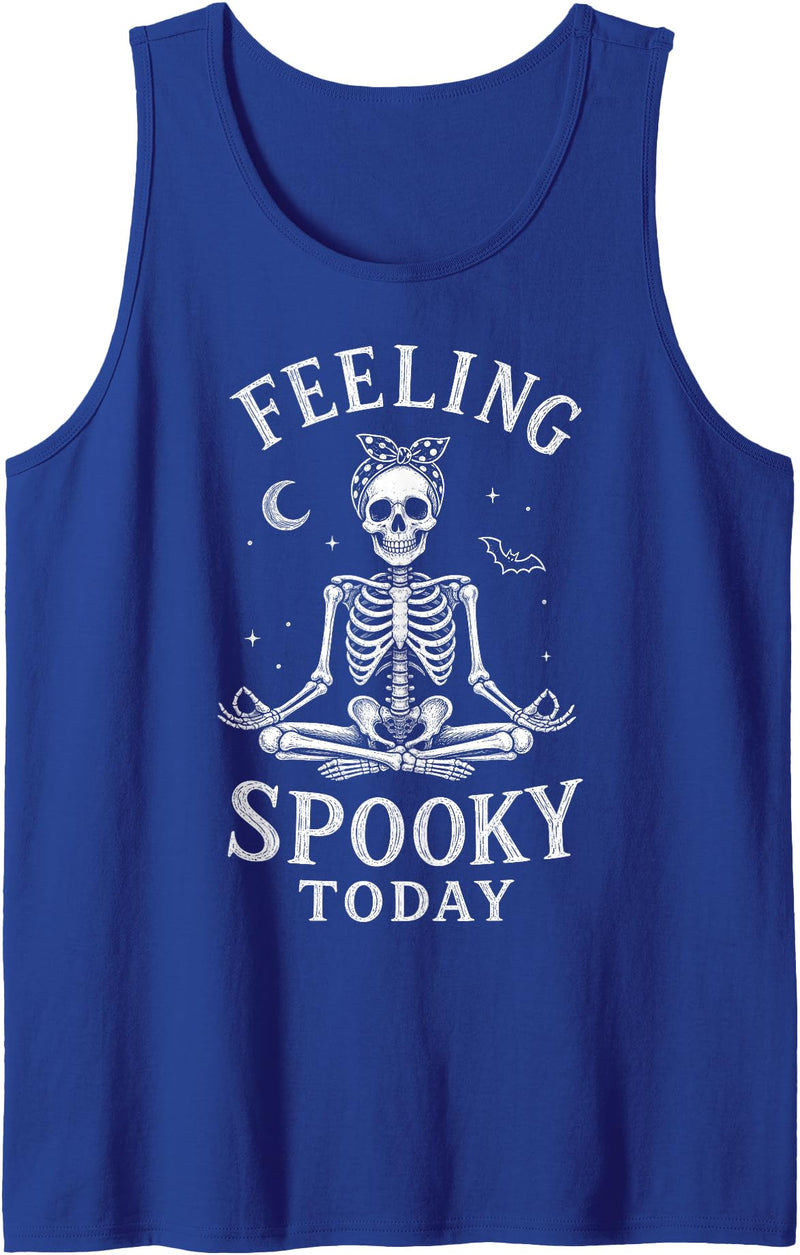 Funny Halloween Designs by FunWearVM Feeling Spooky Today Skeleton Yoga Lotus Pose Halloween Tank Top - Royal Blue