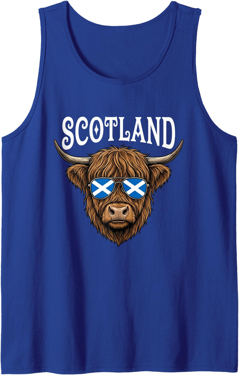 Scottish Scotland Designs By LBOL Scotland Highland Cow Sunglasses Saltire Flag Tank Top - Royal Blue