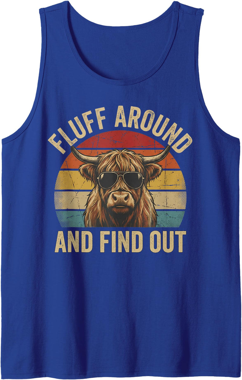 Funny Highland Cow Western Humor Fluff Around and Find Out Funny Retro Highland Cow Sunglasse Tank Top - Royal Blue
