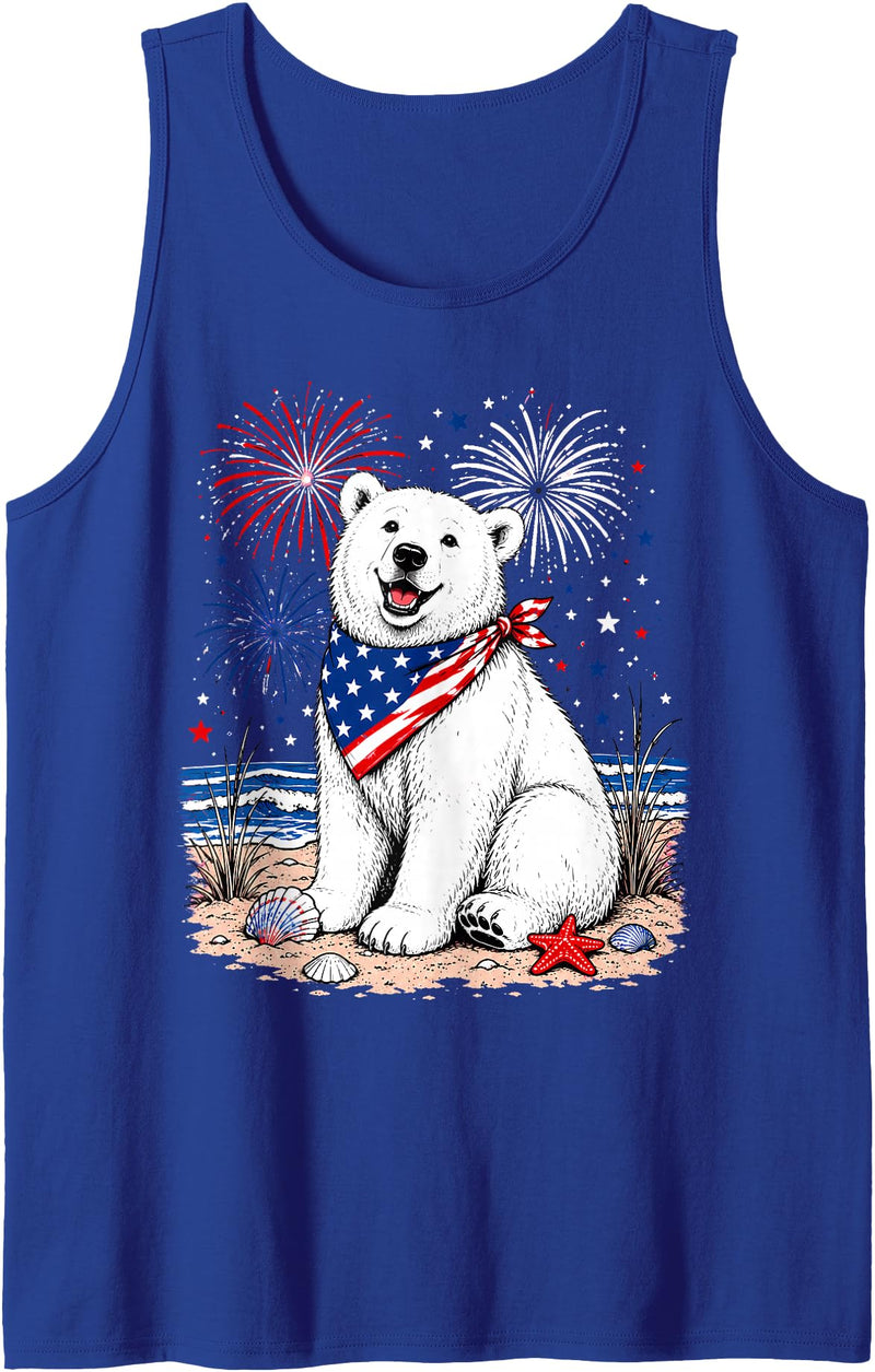 Patriotic Polar Bear Happy Beach Art Co Happy Polar Bear Patriotic Beach Fireworks 4th July Tank Top - Royal Blue