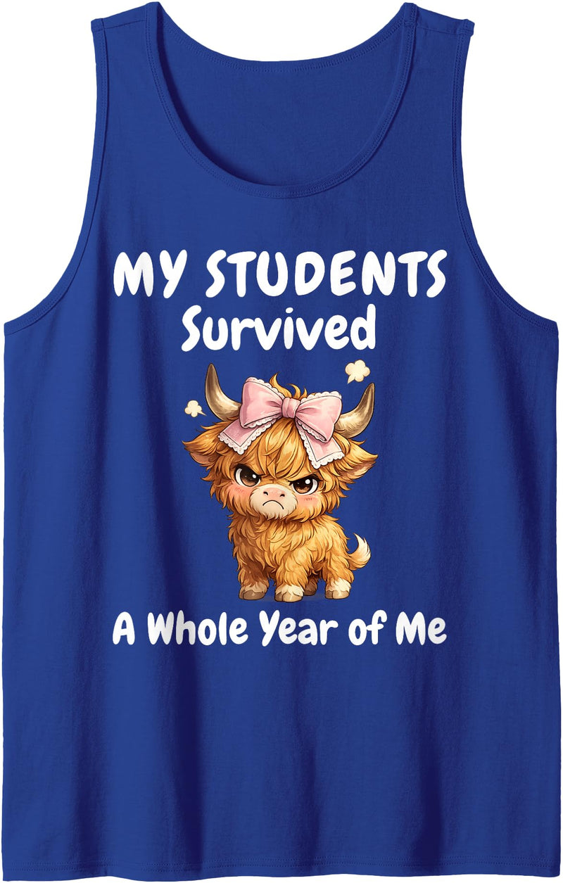 Funny Highland Cow Teacher Cute Coquette Bow My Students Survived A Whole Year of Me Teacher Highland Cow Tank Top - Royal