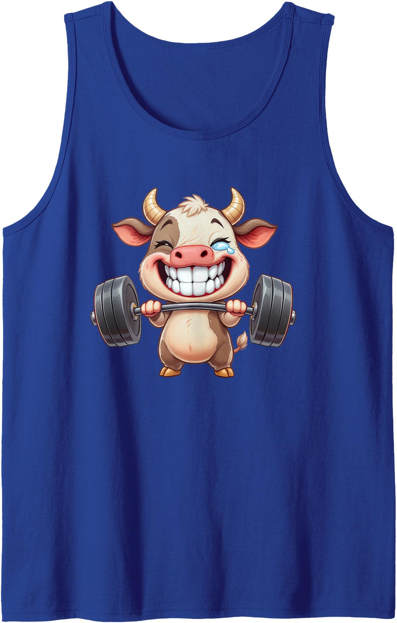 Cute Gym Cow Weightlifting Animal Workout Funny Cow Lifting Barbell Strength Workout Fitness Tank Top - Royal Blue