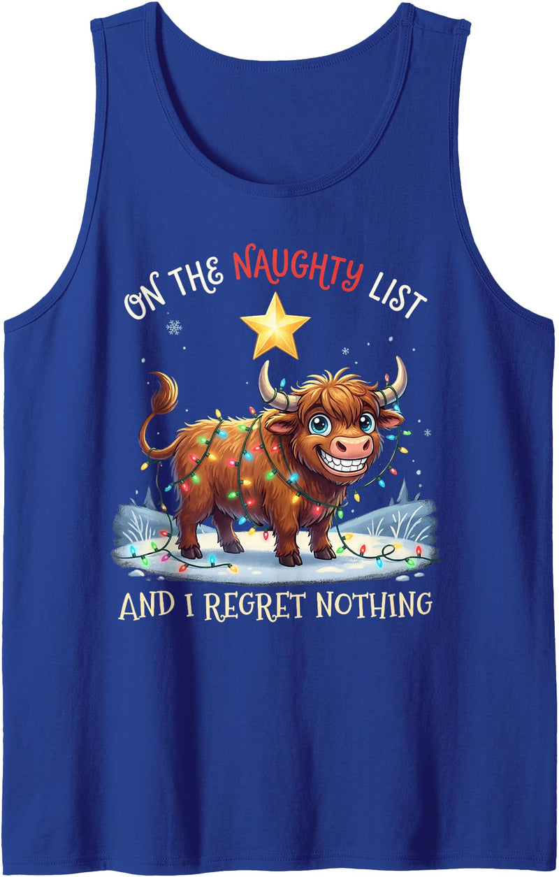 Highland Cows Funny Meme Shirt On Naughty List Regret Nothing Christmas Highland Cow Tank Top - Royal Blue