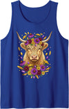 Boho Scottish Highlander Cow Apparel Cute Floral Boho Scottish Highlander Cow Wildflower Graphic Tank Top - Royal Blue