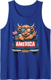 America Highland Cow Fireworks Truck Parade Gifts Patriotic Truck Highland Cow Cute 4th of July American Flag Tank Top -