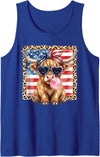 4th of July Highland USA Flag Patriotic Cow Farmer 4th of July Highland Cow Leopard Print USA Flag Messy Hair Tank Top -