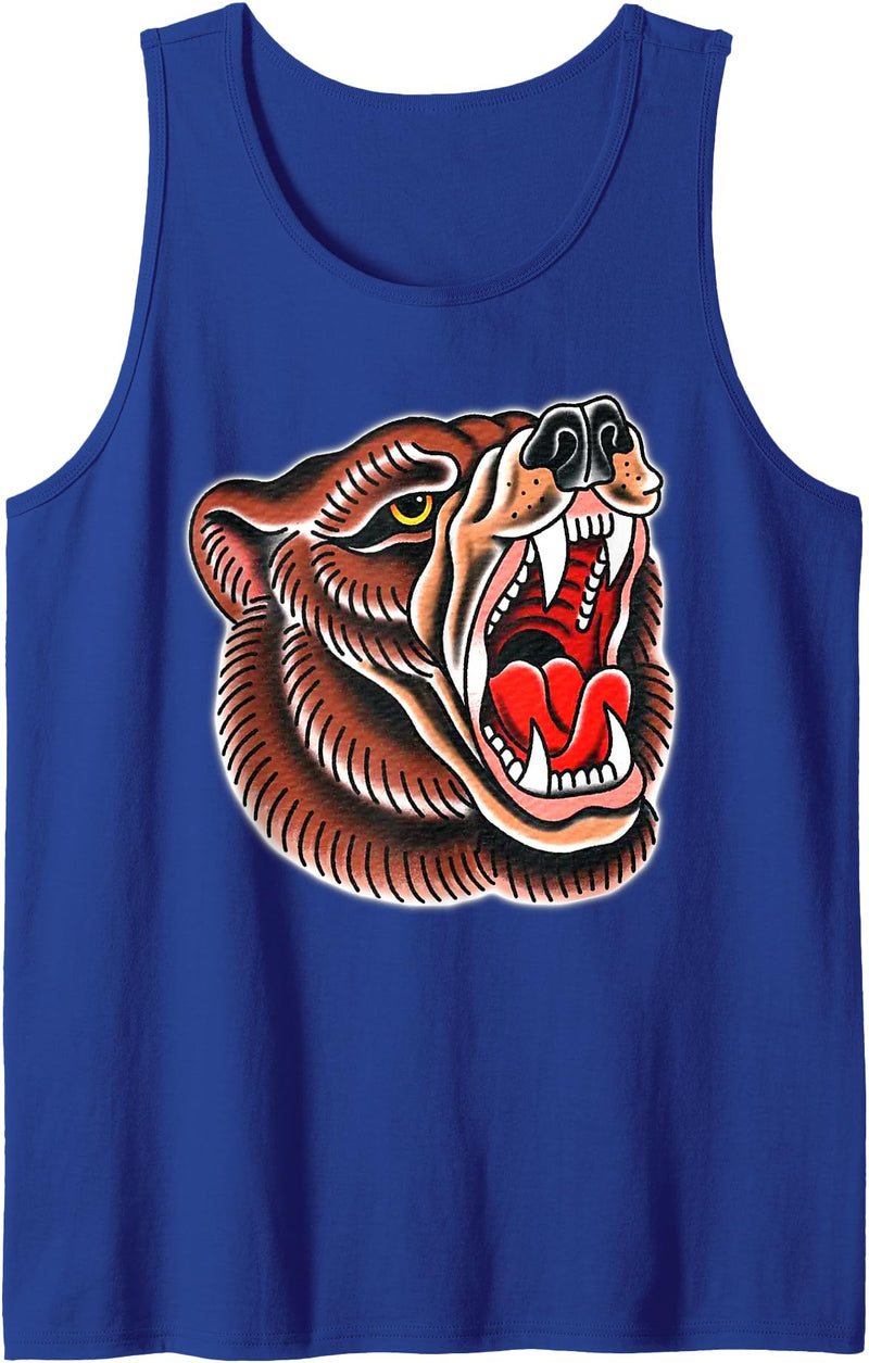 Urban Empyre Grizzly Bear Brown Tattoo Flash Tank Top - Royal Blue