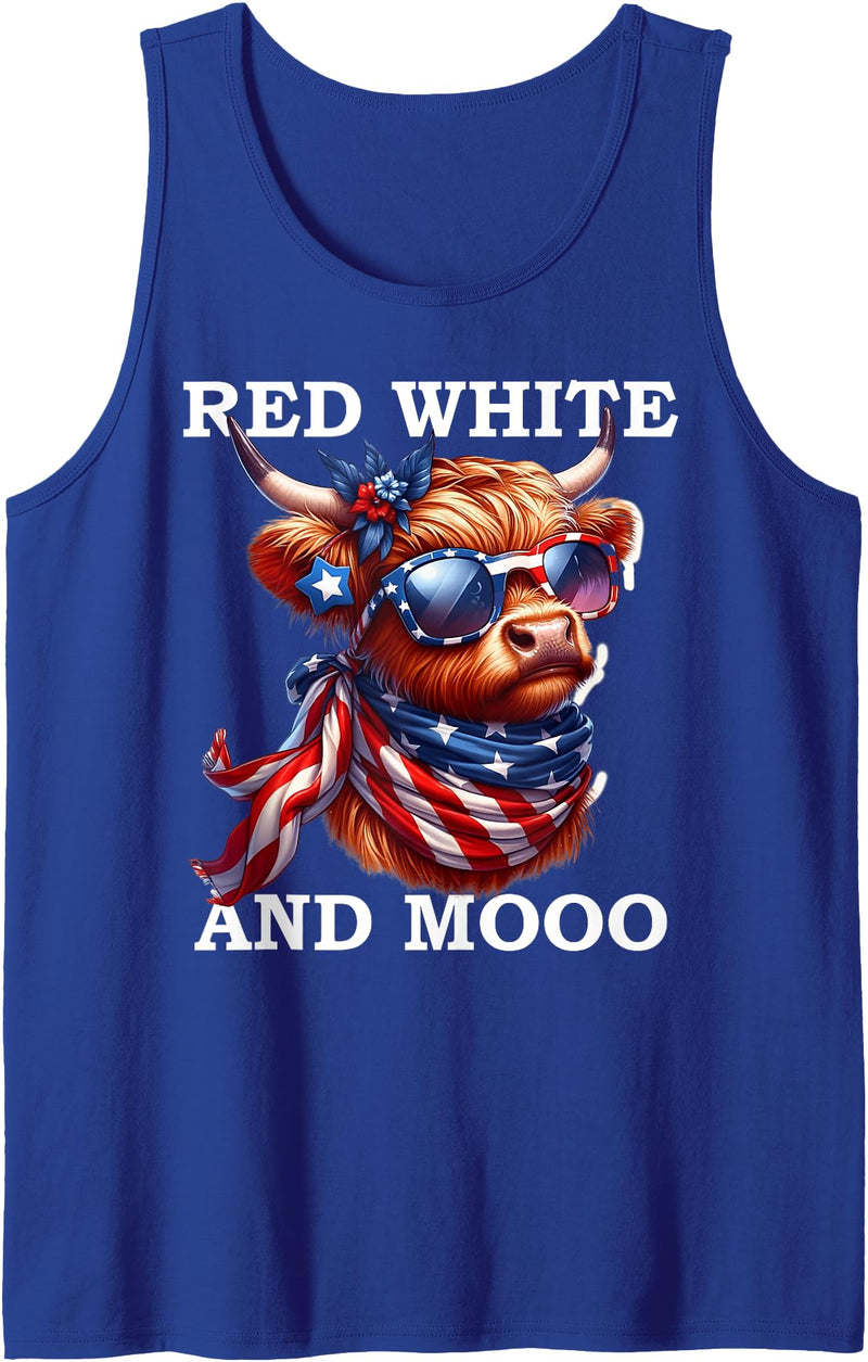 Red White and Moo Patriotic Cow USA Flag Funny Tee Red White and Moo Patriotic Cow USA Flag Funny 4th of July Tank Top -
